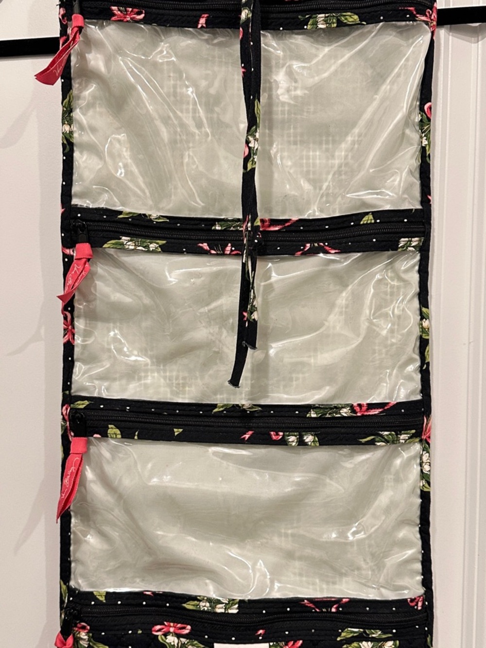 Vera Bradley Clear Hanging Organizer with Black and Pink Floral Trim